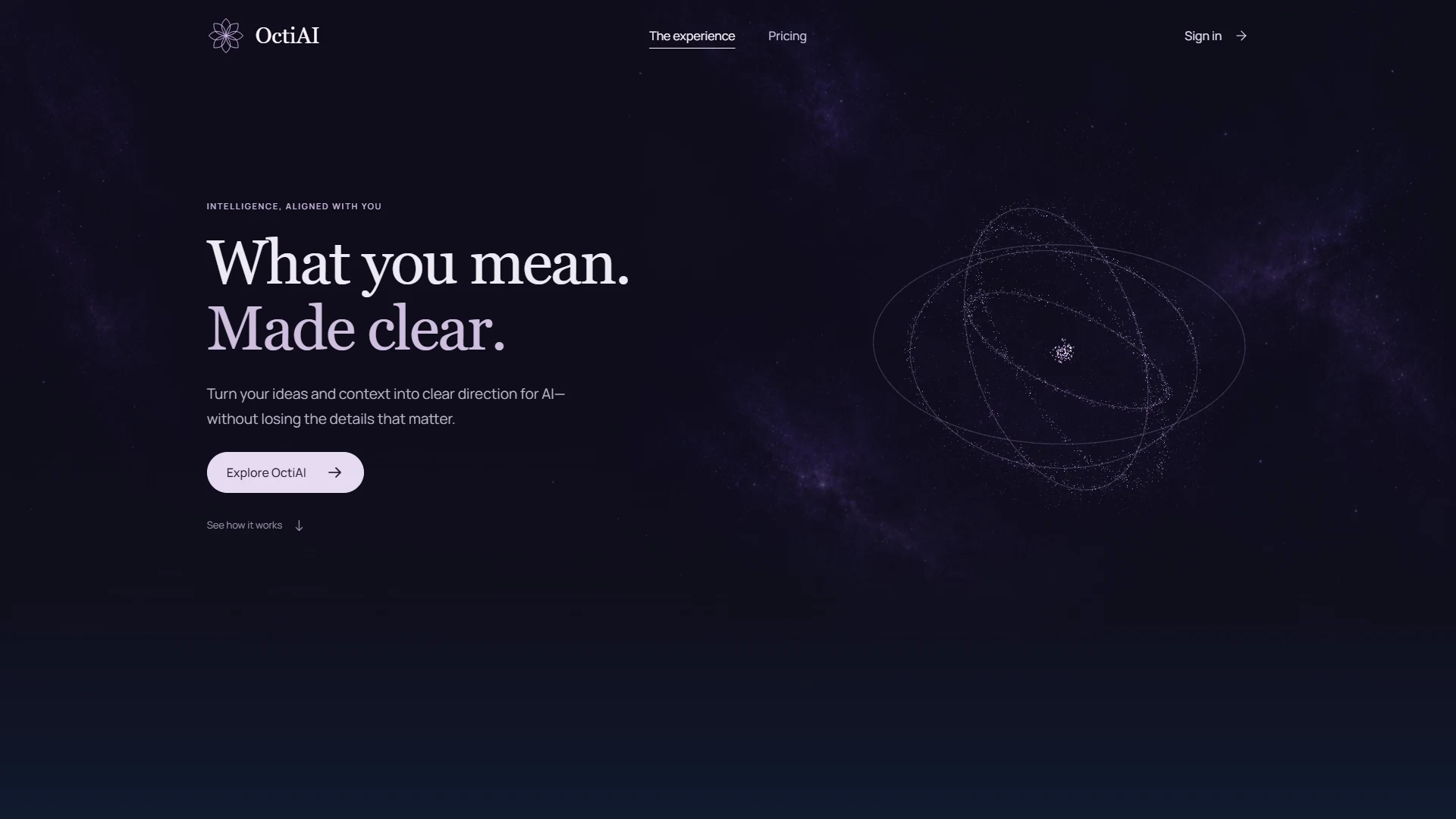 The OctiAI landing page, with its What you mean. Made clear. headline and quantum star.