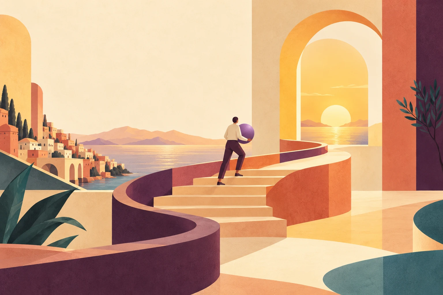 A warm golden sunrise beyond a sculptural arch, with playful paths leading toward new possibilities.