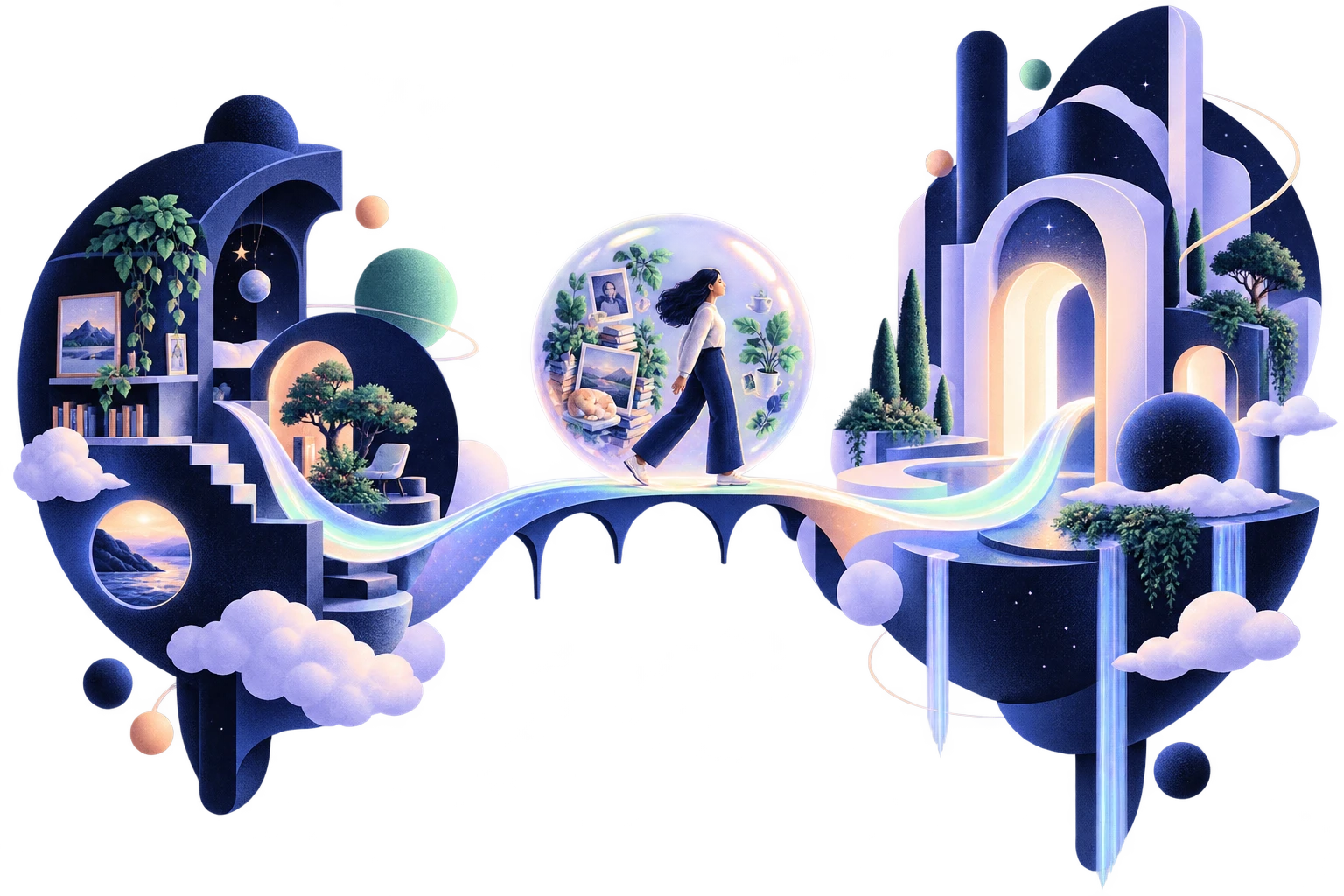 A person carries a whole garden of memories in a weightless bubble, crossing a luminous bridge between two worlds.