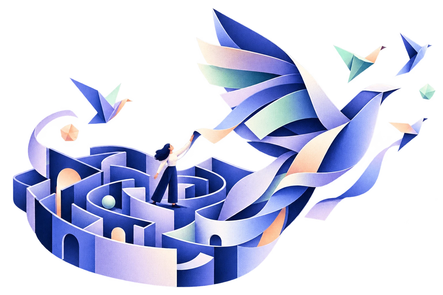 A person releases a ribbon from a labyrinth, unfolding its walls into the wings of a soaring paper bird.