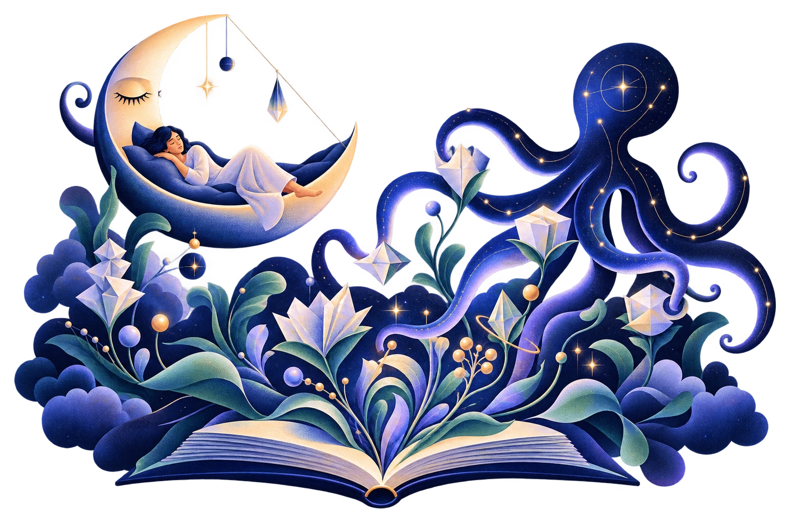 While a person rests in a crescent hammock, a luminous octopus tends a growing garden of knowledge from an open book.